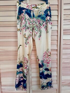Daphine D Milano Floral Bird Print Straight Leg Viscose Pants Yellow Women 28